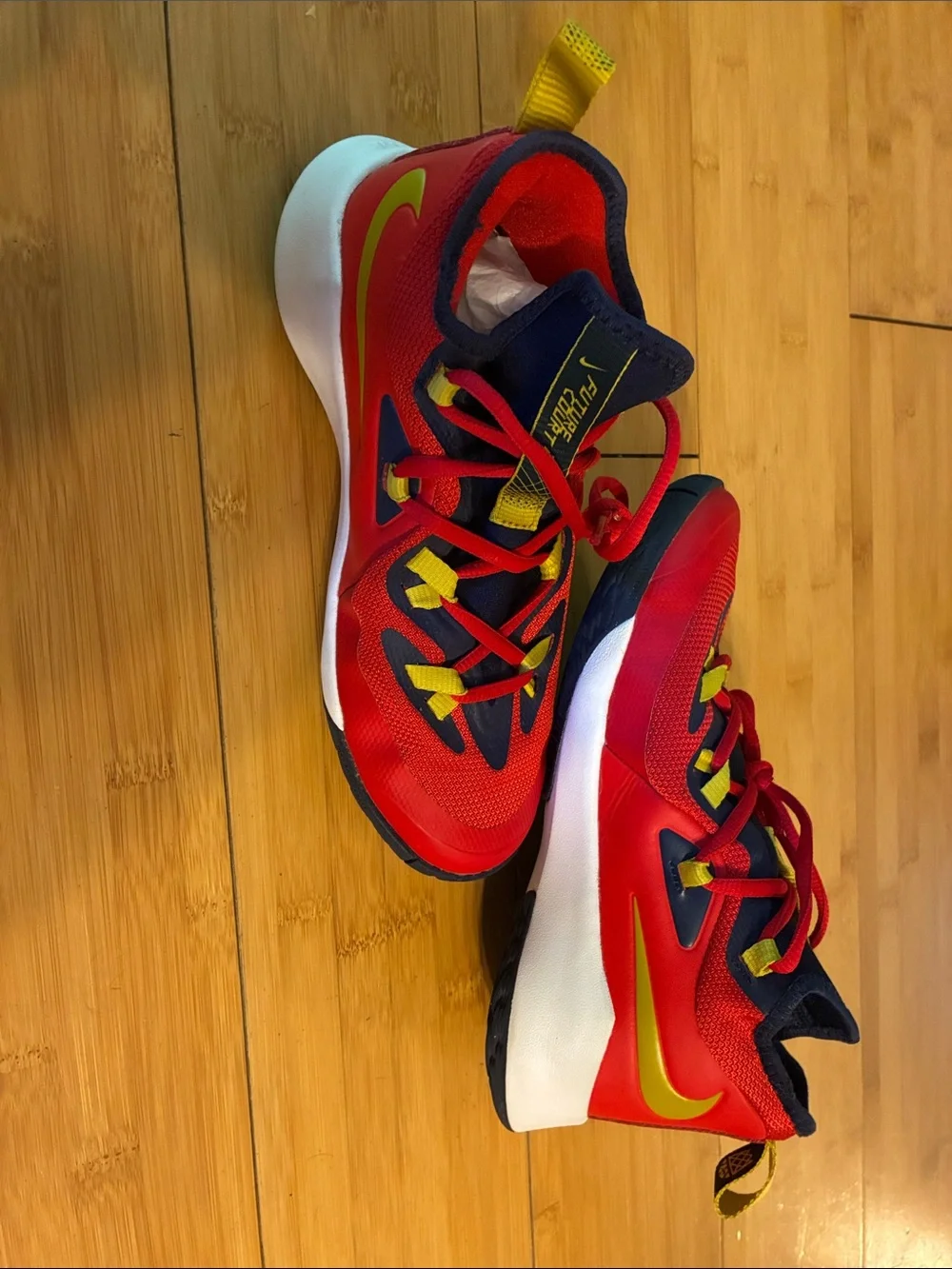 Nike Future Court 2 Kids Red Sneakers with Yellow Accents Youth 4Y
